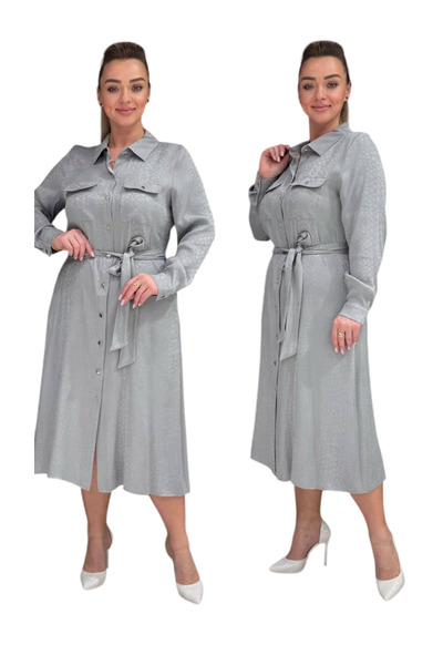 TESSY KADIN BÜYÜK BEDEN DESENLİ KUŞAKLI ELBİSE