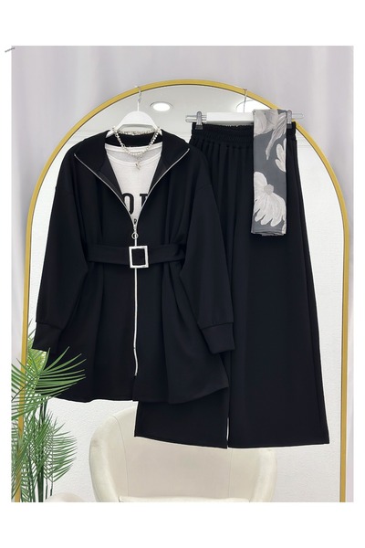 YEDİLALE Belted Pleated Zippered Oy.Sho Fabric Jacket Pants Casual Double Set
