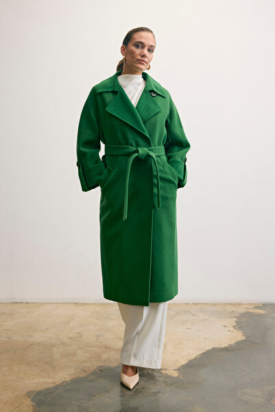 KENT Long Green Coat with Wide Collar and Belt