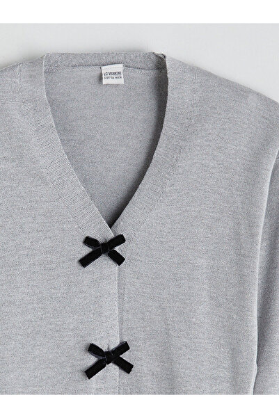 LC Waikiki V Yaka Fiyonk Detaylı Kız Çocuk Triko Hırka (W5)