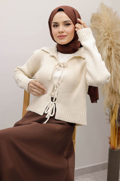 Tesettür Dünyası Lace-Up Knitwear Cardigan Tsd250220 Beige