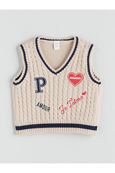 LC Waikiki Lcw Kids Beige V-Neck Patterned Girl's Knitwear Sweater