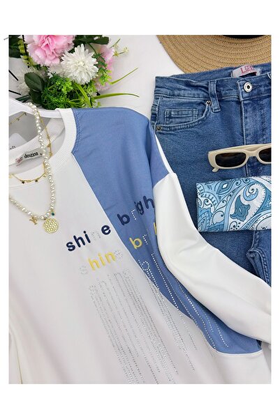 YEDİLALE Garnished Stone-Embellished Denim Detail Casual Combed Cotton Tunic 5005 [Loose Fit]