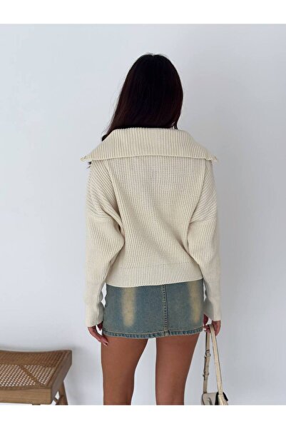 DONNA LISSA Women's Turn-Down Collar Thessaloniki Knitted Zippered Oversize Knitwear Cardigan