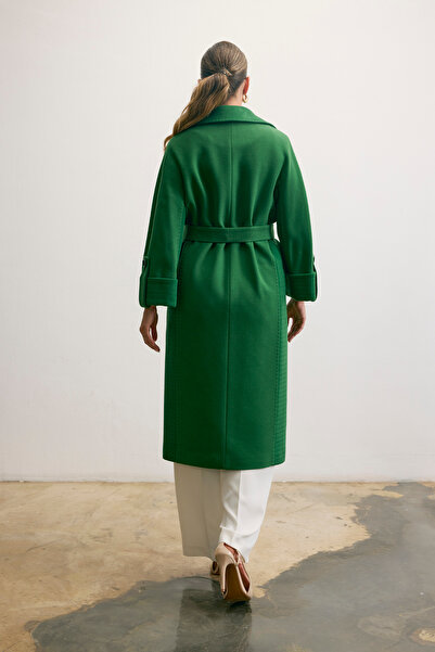 KENT Long Green Coat with Wide Collar and Belt