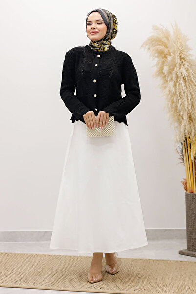 Tesettür Dünyası Embroidered Perforated Knitwear Cardigan Tsd250227 Black