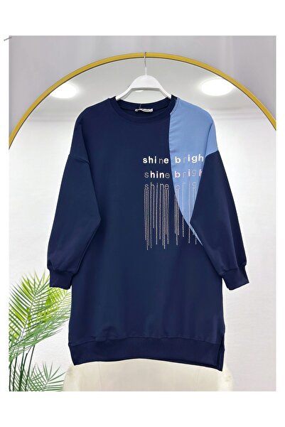YEDİLALE Garnished Stone-Embellished Denim Detail Casual Combed Cotton Tunic 5005 [Loose Fit]