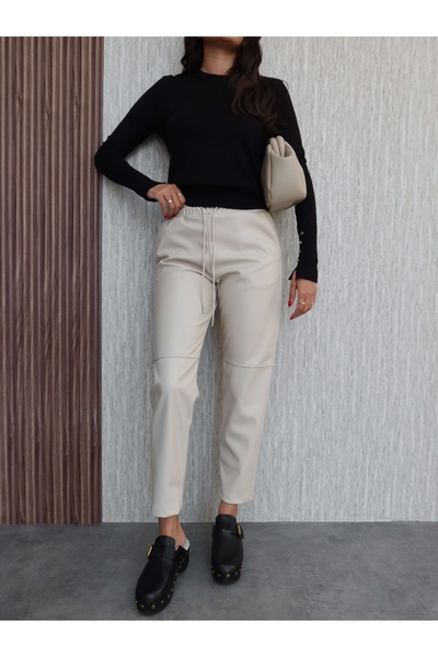 ESRAHELVACI Leather Trousers with Rubber Stitch Detail at the Waist