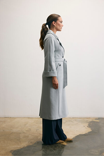 KENT Long Grey Coat with Belt and Button Detail