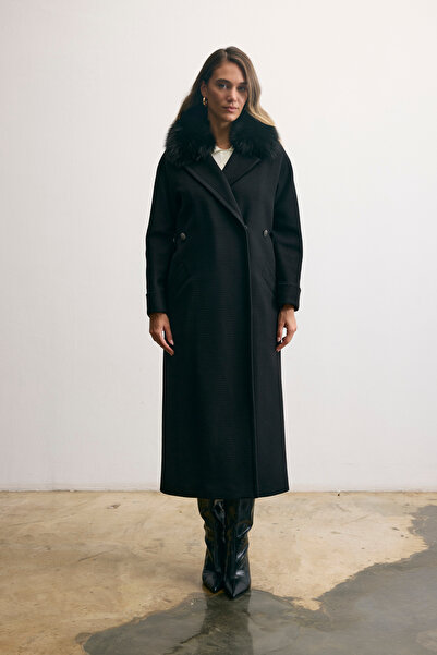 KENT Kürk Yakalı Klasik Uzun Siyah Kaban