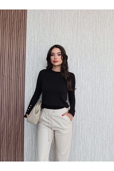 ESRAHELVACI Bel Lastik Dikiş Detaylı Deri Pantolon
