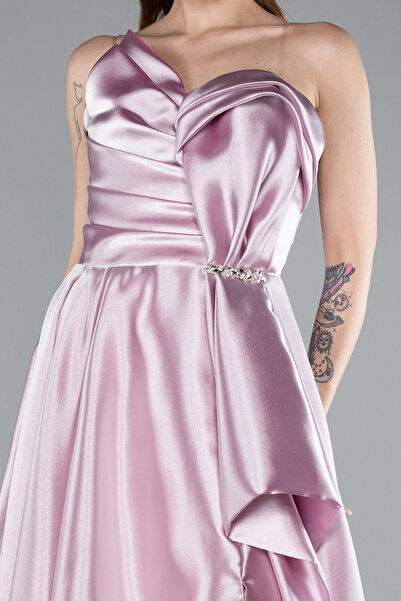 Abiyefon Pudra Straplez Bacak Dekolteli Uzun Saten Abiye ABU4561