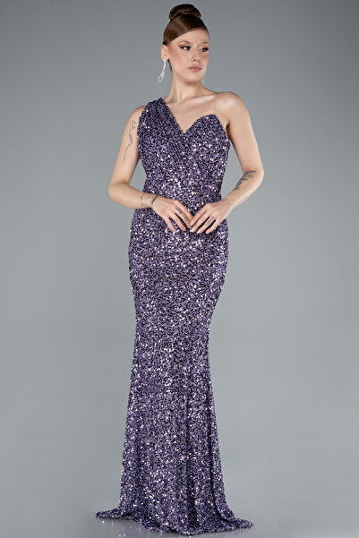 Abiyefon Lavanta Tek Omuz Uzun Pullu Balık Abiye Elbise ABU4915