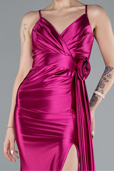 Abiyefon Fuşya Bacak Dekolteli Uzun Saten Mezuniyet Elbisesi ABU4814