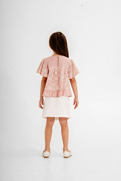 Gocoland Girl's 2-Piece Set, Embroidered Blouse and Belted Gabardine Skirt