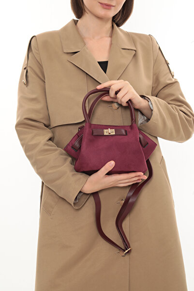 besmoda Women's Burgundy Suede Lock Detail Shoulder Strap Hand and Shoulder Bag