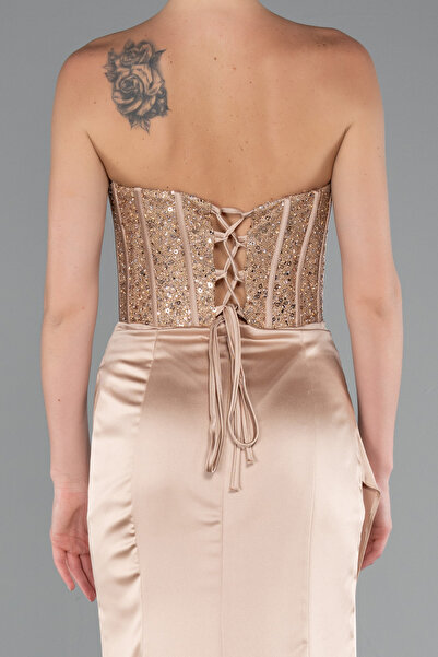 Abiyefon Gold Straplez Balen Korse Uzun Saten Abiye ABU3883