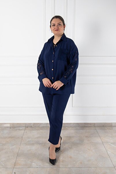 Bedrinxxl Kadın Büyük Beden Dantel Detaylı Düğmeli Gömlek Pantolon Takım Şık ...