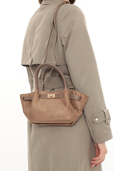 besmoda Women's Mink Suede Lock Detail Shoulder Strap Hand and Shoulder Bag