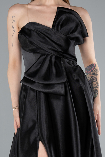 Abiyefon Siyah Straplez Bacak Dekolteli Uzun Saten Abiye Elbise ABU4975