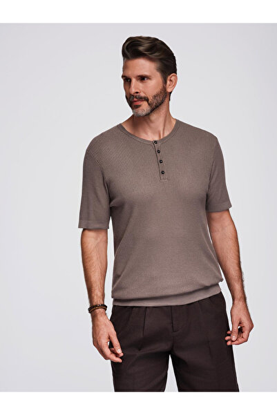 OMBRE Ανδρικό πλεκτό μπλουζάκι με κουμπιά στη λαιμόκοψη - σταχτί V4 OM-TSCT-0254 S