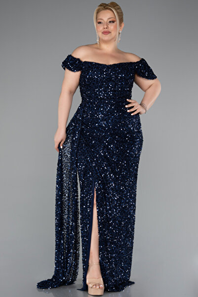 Abiyefon Lacivert Kayık Yaka Yırtmaç Uzun Pullu Büyük Beden Abiye ABU4863