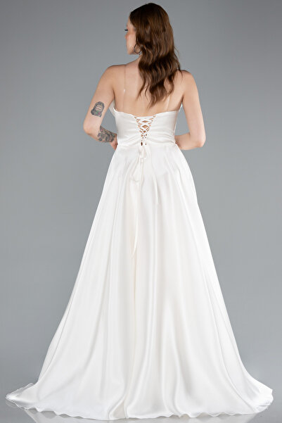 Abiyefon Ekru Straplez Bacak Dekolteli Uzun Saten Abiye Elbise ABU4975