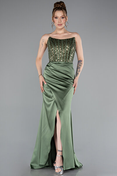 Abiyefon Haki Straplez Balen Korse Uzun Saten Abiye ABU3883