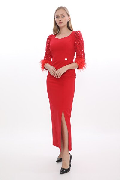 MODAMOR Red Pearl Embroidered Feather Detail Balloon Sleeve Dress