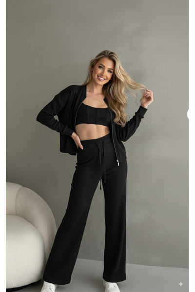 LEONE KOLEKSİYON Black Camisole Pants Bomber Jacket Women's Bottom Top Set