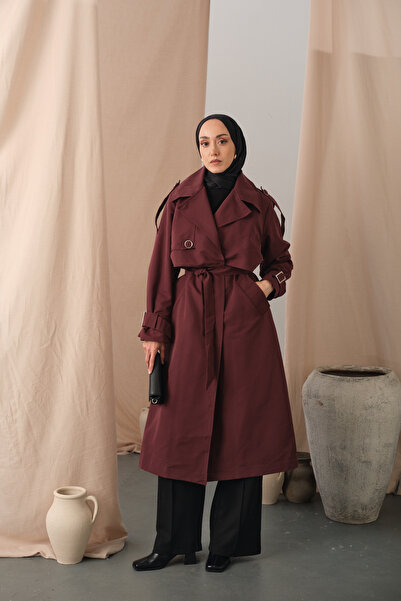 LOCCO Women's Sleeve Wrist Detail Tied Trench Coat Burgundy