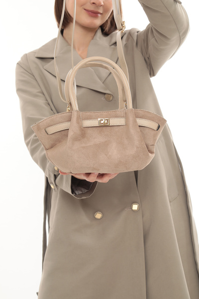 besmoda Women's Beige Suede Lock Detail Shoulder Strap Hand and Shoulder Bag
