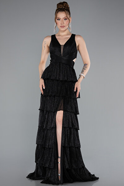 Abiyefon Siyah Yırtmaçlı Etekleri Katlı Uzun Mezuniyet Elbisesi ABU5000