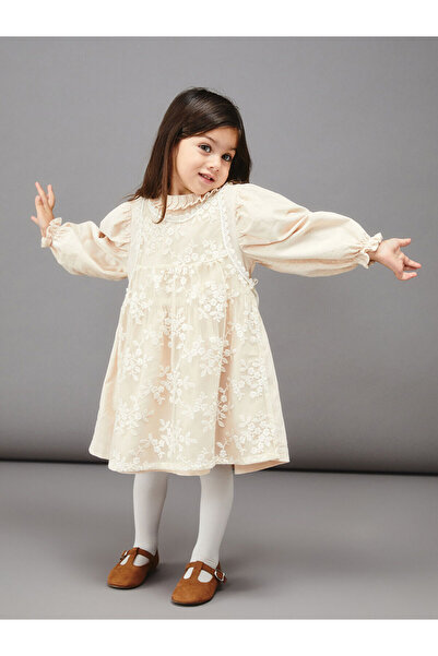 LC Waikiki Bej Bisiklet Yaka Çiçekli Kız Bebek Elbise