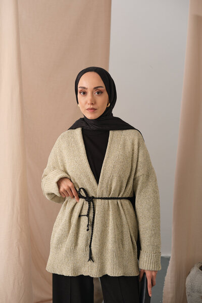LOCCO Women's Knitted Detail Waist-Tie Cardigan Cream