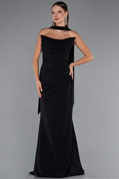 Abiyefon Siyah Straplez Balen Korse Şallı Uzun Abiye Elbise ABU5216