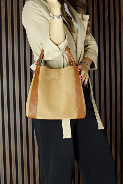 Erkan Saçmacı Tan Genuine Cowhide Suede Magnetic Closure Large Size Daily Shoulder Bag and Handbag with Strap
