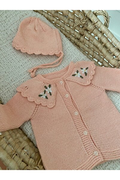 Florijee Knitwear Openwork Baby Cardigan and Hat Set Salmon Floral