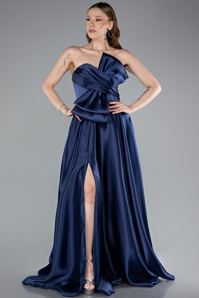 Abiyefon Lacivert Straplez Bacak Dekolteli Uzun Saten Abiye Elbise ABU4975
