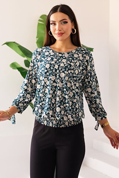 Kübra Tekstil بلوزة نسائية بتفاصيل ربط وطبعة زهور مع خصر مطاطي – بلوزة نسائية