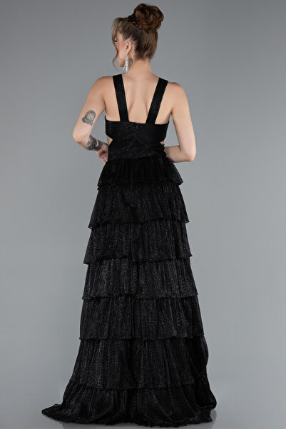 Abiyefon Siyah Yırtmaçlı Etekleri Katlı Uzun Mezuniyet Elbisesi ABU5000