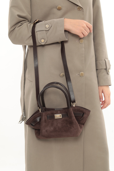 besmoda Women's Brown Suede Lock Detail Shoulder Strap Hand and Shoulder Bag