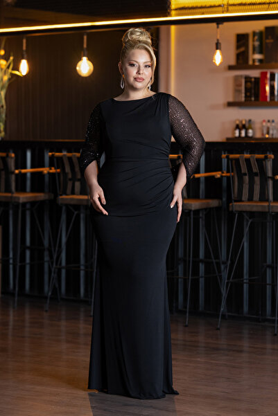 Abiyefon Siyah Pullu Kapri Kol Uzun Büyük Beden Abiye ABU5078