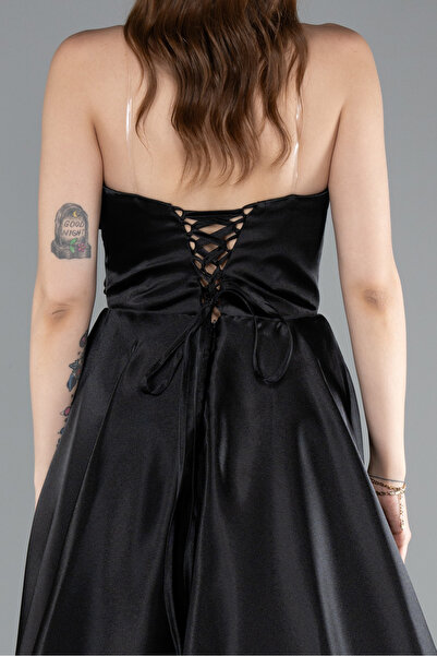 Abiyefon Siyah Straplez Bacak Dekolteli Uzun Saten Abiye Elbise ABU4975