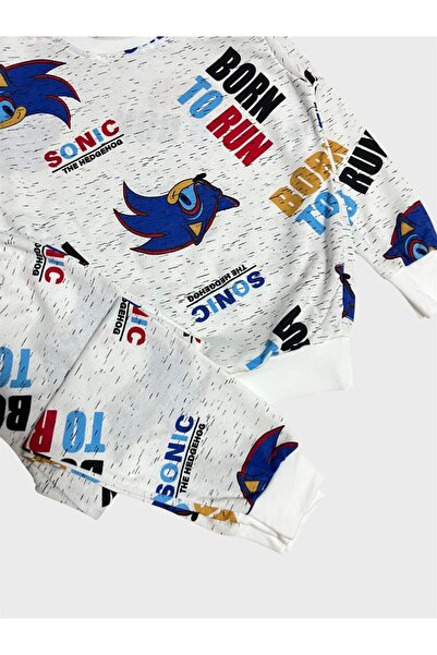 tusem butik homewear Boy's Cotton White Sonic Patterned Long Sleeve Seasonal Pajama Set
