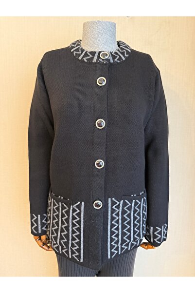 TİRİTEK Knitwear Plus Size Crew Neck Cardigan / Black Smoked