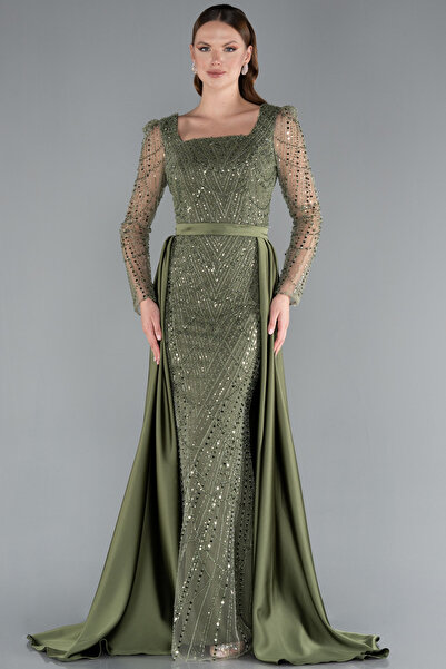 Abiyefon Haki Taşlı Uzun Kol Saten Kuyruklu Büyük Beden Abiye ABU4761