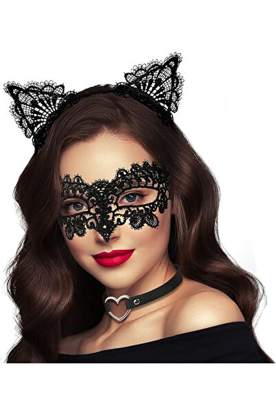 Skygo Siyah Renk Dantel Maske ve Dantel Kulak Taç Seti Yetişkin No 10