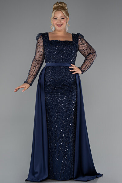 Abiyefon Lacivert Taşlı Uzun Kol Saten Kuyruklu Büyük Beden Abiye ABU4761