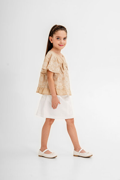 Gocoland Girl's 2-Piece Set, Embroidered Blouse and Belted Gabardine Skirt